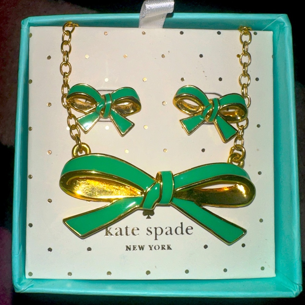 Kate Spade Finishing Touch Bow Green Enamel Necklace and Stud Earrings Set, NWOT